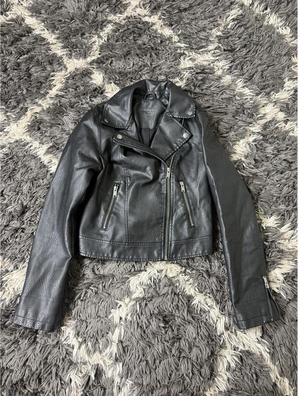 Aeropostale Faux Leather Moto Jacket Womens Small Black Asymmetrical Biker Coat